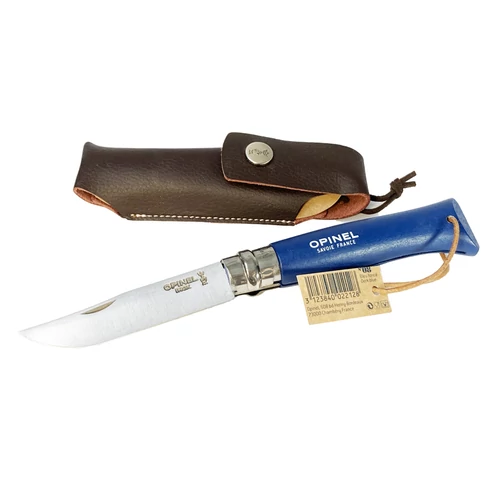 Opinel No8. Colorama kés, inox, kék bőrtokkal
